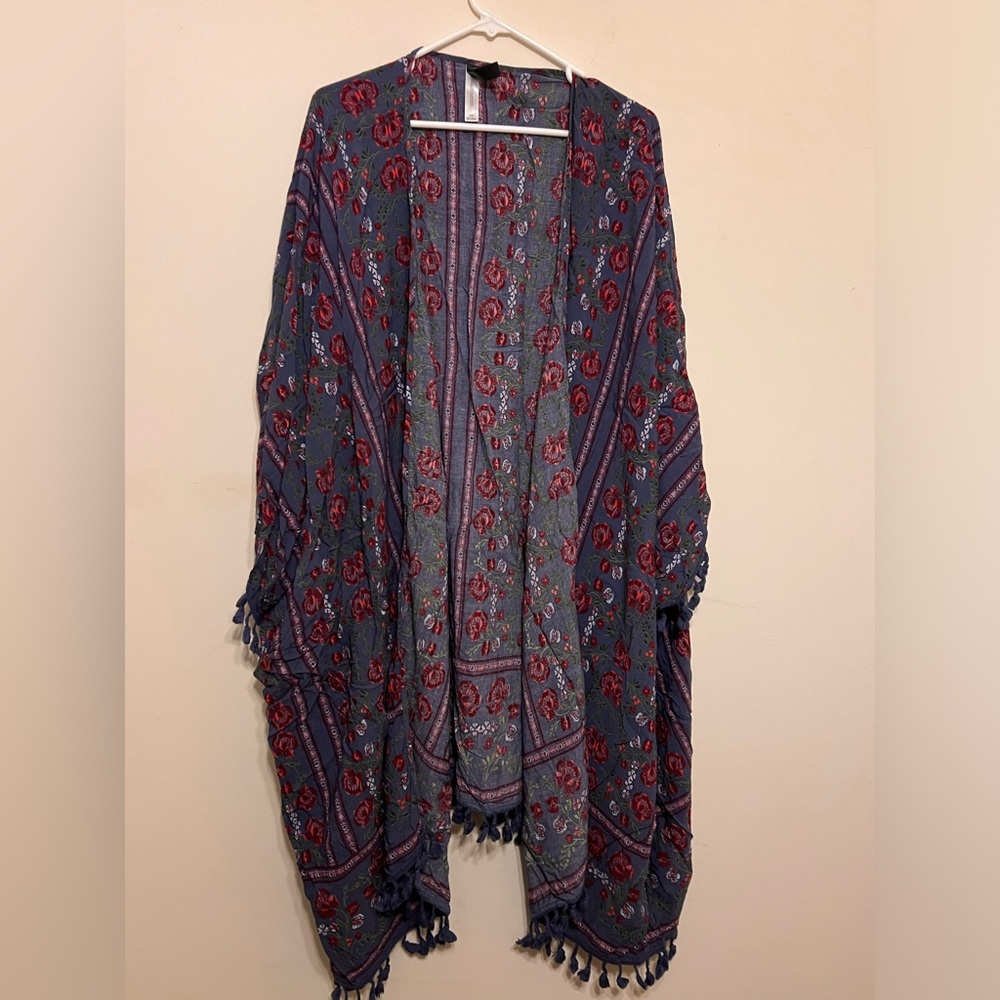 Red and blue floral poncho with fringe PLUS one size